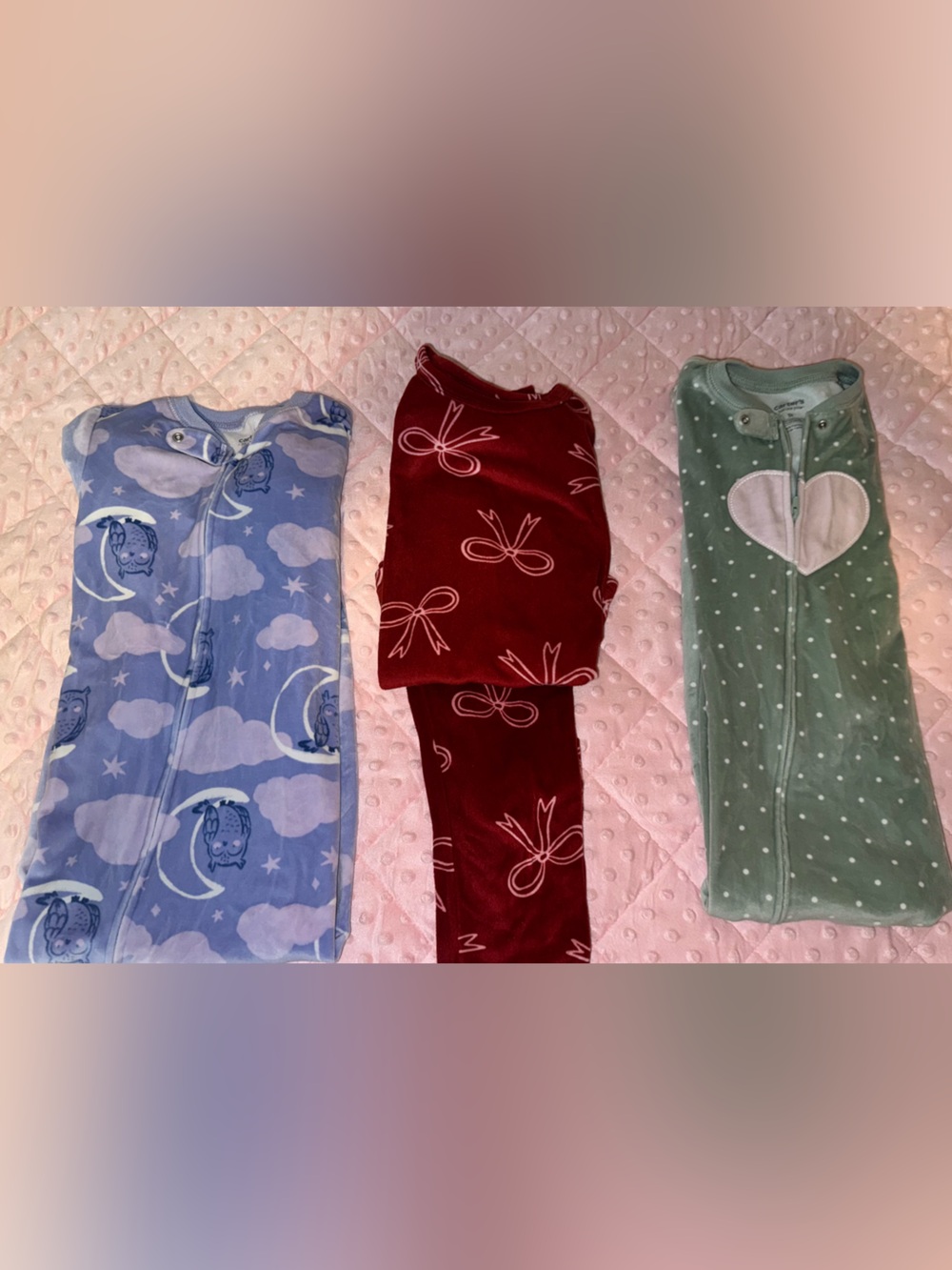 Girls 5T Three-Pack fleece pajamas in Blue Owl, Red Bow & Green Dot